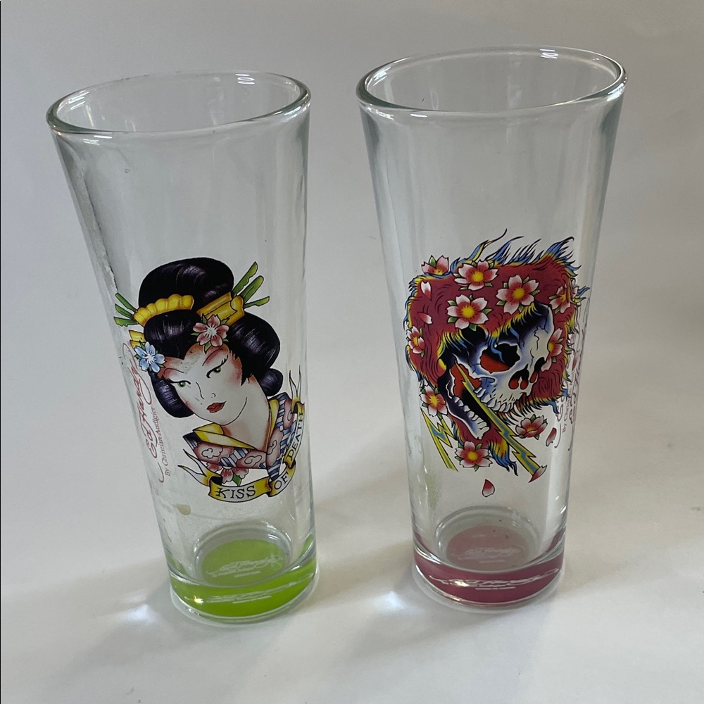 Ed Hardy by Christian Audigier "Kiss of Death" Geisha and Skull Pilsner Glasses